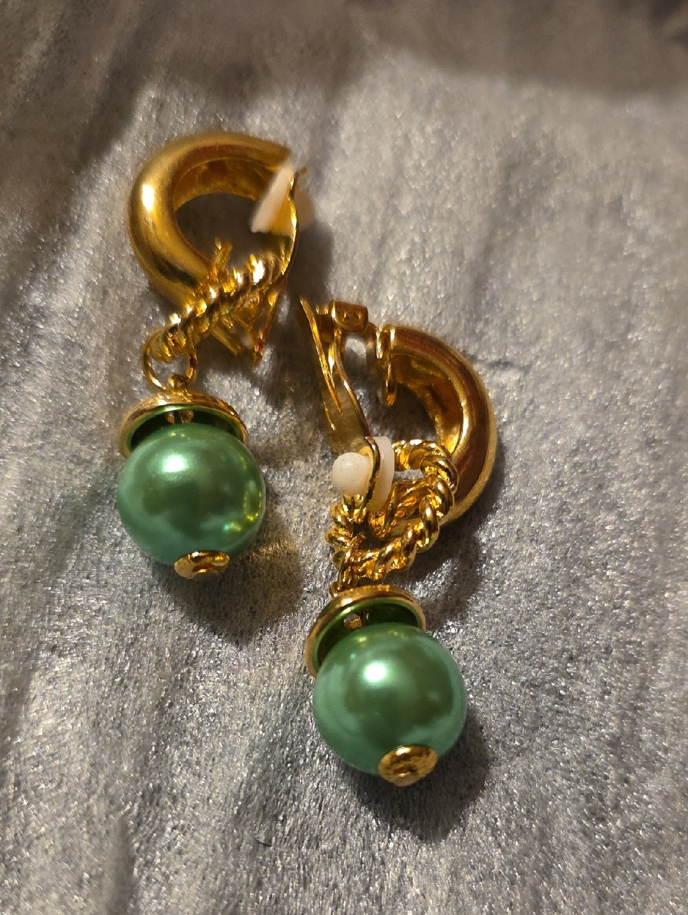 Gold Hoop Earrings with Green Pearl Drops